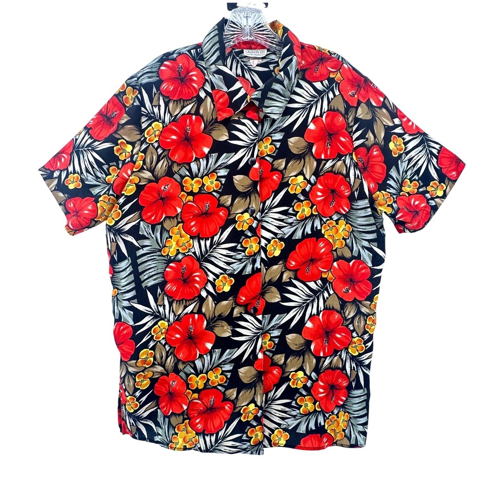 VTG Lauren Lee Red Hibiscus Tropical Floral Button Down Shirt Short‎ Sleeve XL